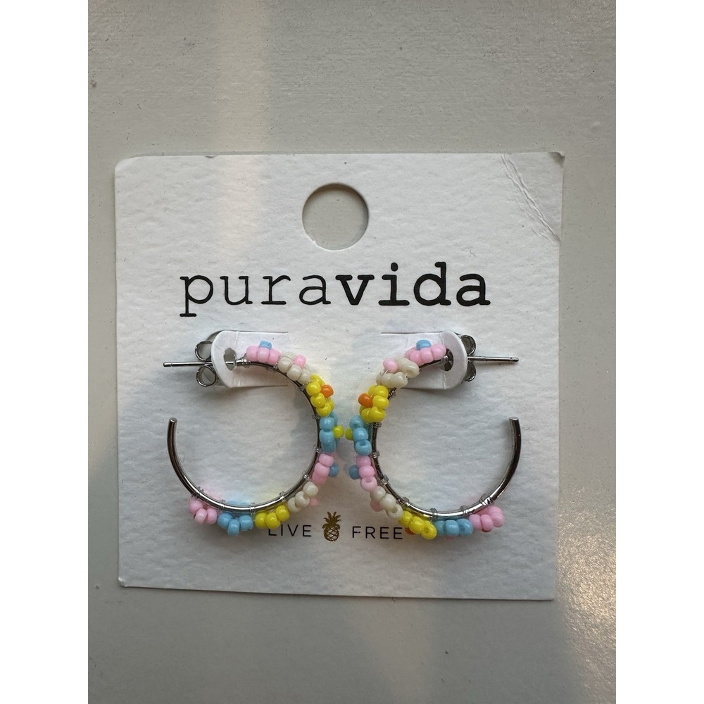 Pura Vida Daisy Seed Bead Hoop Earrings Sterling Silver Posts NEW Multicolor